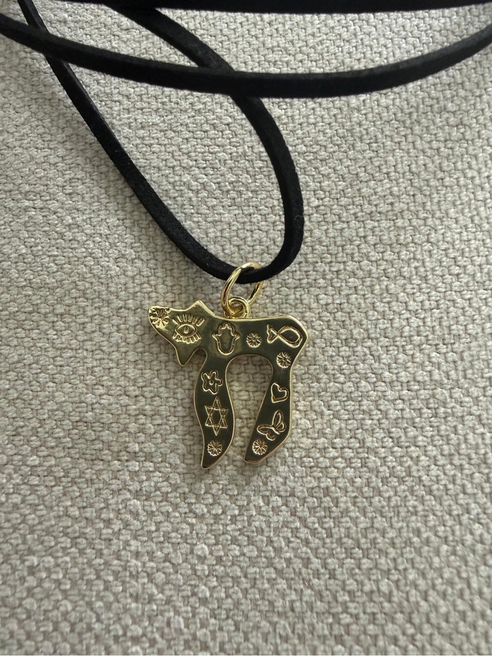 Gold Chai Pendant on Black Suede Cord Necklace